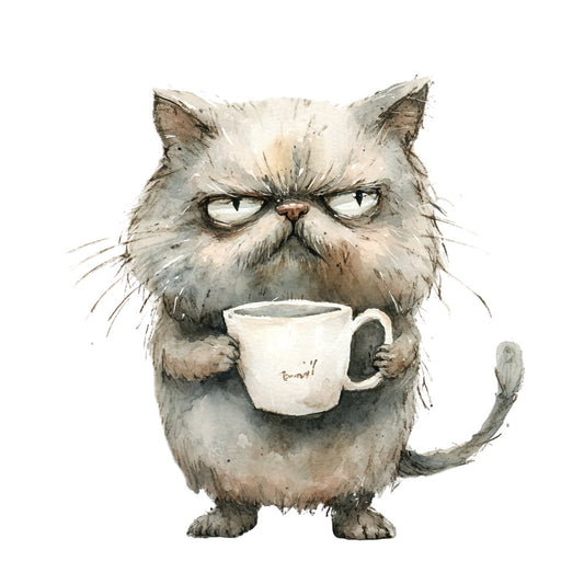 grumpy cat, coffee lover, watercolor cat, gray tabby, cream white, tan beige, charcoal gray, sage green, funny animals, whimsical cat, humorous pets, cat with coffee mug, irritated expression, moody cat, illustrative style, hand-painted effect, pet lover, cat themed, coffee themed, morning coffee, casual style, playful humor, quirky characters, literary cat, cozy aesthetic, gift for cat lovers, decorative panel, wall art, apparel fabric, novelty print