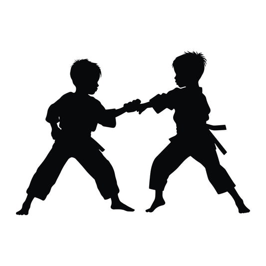 martial arts, karate, taekwondo, children, boys, sports, silhouette, black, action, dynamic, fighting, combat, discipline, uniforms, belts, training, active kids, youth, monochrome, contrast, athletic, strong, powerful, traditional, modern, educational, instructional, adventure, energetic