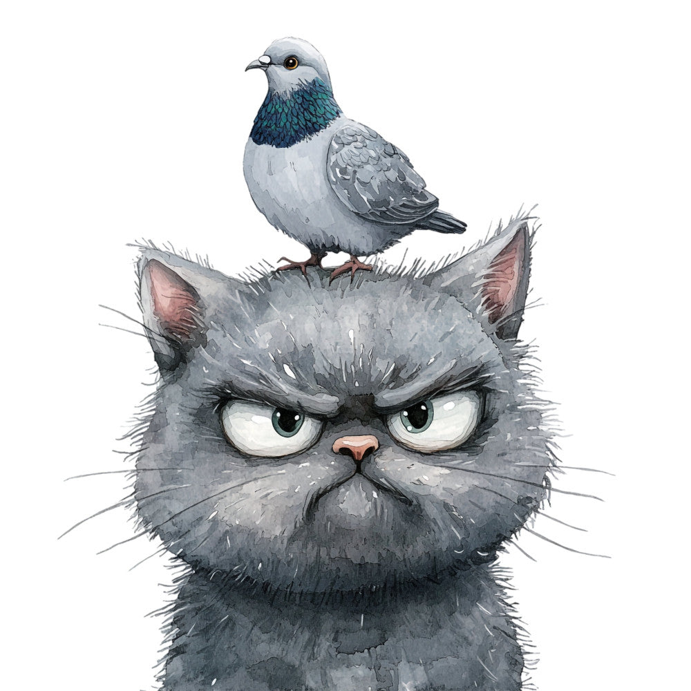 gray cat, angry cat, grumpy cat, pigeon, bird, animal, whimsical, humorous, funny, charcoal gray, slate gray, teal blue, white, pink nose, portrait, face, pet themed, cat lover, quirky, playful, contemporary, illustration, detailed, decorative panel, wall art, novelty, blue green accents, expressive eyes, character design