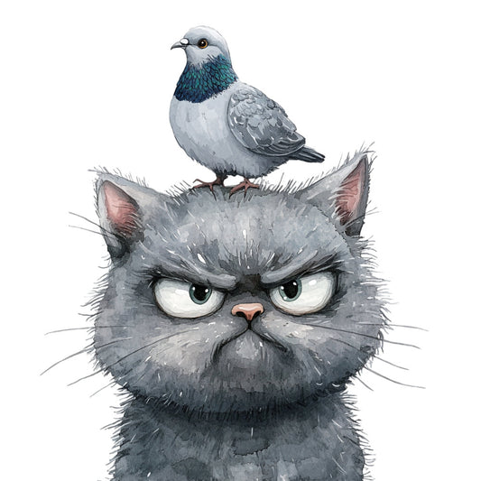 gray cat, angry cat, grumpy cat, pigeon, bird, animal, whimsical, humorous, funny, charcoal gray, slate gray, teal blue, white, pink nose, portrait, face, pet themed, cat lover, quirky, playful, contemporary, illustration, detailed, decorative panel, wall art, novelty, blue green accents, expressive eyes, character design