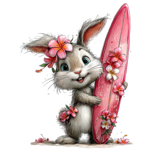 whimsical bunny, coral pink, soft gray, cream white, floral, spring, animals, rabbit, cute, playful, surfboard, flowers, nature, pastel colors, summer, children's fabric, baby quilt, wall hanging, cheerful, colorful, detailed illustration, fantasy, magical, tropical flowers, pink accents, decorative panel, nursery, playful animals, hand-painted style