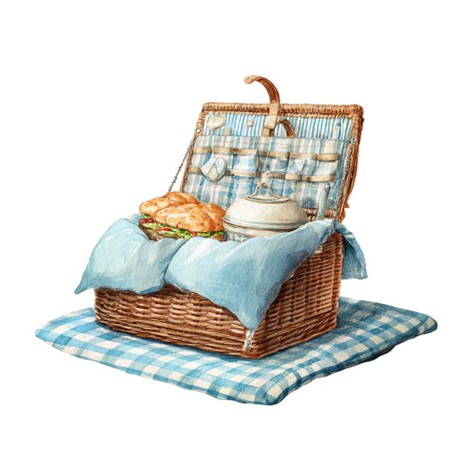 picnic basket, light blue, cream, white, checkered, gingham, plaid, picnic theme, vintage, whimsical, nostalgic, charming, countryside, pastoral, food motif, sandwich, bread, teapot, blue gingham, summer, outdoor gathering, storybook illustration, children's, playful, rustic, farmhouse, cottagecore, picnic blanket, retro style, classic illustration