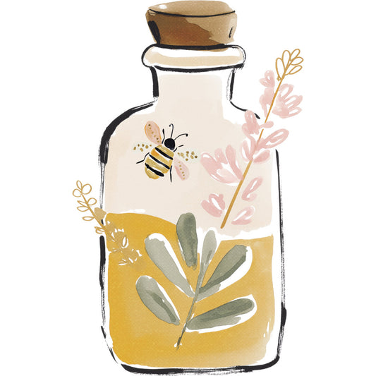 honey yellow, cream, soft pink, sage green, black outline, bee, botanical, floral, nature, whimsical, modern, spring, summer, illustration, hand-drawn, wildflower, leaf motif, gold accents, bottle illustration, decorative plants, garden theme, feminine, soft palette, artistic, contemporary, vintage botanical, delicate, nature-inspired, craft design, cottage style