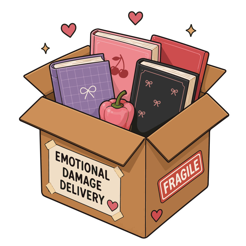 emotional damage, fragile, hearts, love, books, reading, whimsical, humorous, funny, quirky, purple, pink, red, black, coral pink, dusty rose, charcoal black, novelty, comic, illustration, contemporary, playful, literary, cherries, bows, stars, gift box themed
