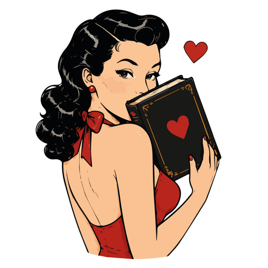 vintage pin-up, retro, red, black, cream, heart, love, 1940s, 1950s, glamour, classic beauty, romantic, elegant, novelty, portrait, woman, bow, book, classic hollywood, mid-century, nostalgic, valentine, romance, fashion illustration, feminine, art deco, timeless, decorative panel