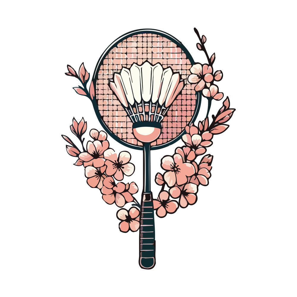 badminton racket, tennis racket, sports, peach, coral pink, cream, ivory, pale pink, dusty rose, floral, flowers, botanical, nature, spring, summer, whimsical, playful, vintage, retro, leaves, branches, buds, athletic, hobby, leisure, decorative, illustration, line art, feminine, romantic