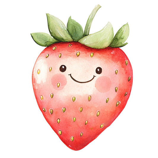strawberry, cute face, smiling strawberry, whimsical, children's, kid-friendly, fruit print, nature, spring, summer, coral red, bright red, cream, pale pink, rosy cheeks, character design, playful, kawaii, baby quilt, nursery, cheerful, happy face, fruit motif, seeds detail, green leaves, botanical, novelty print, illustration style