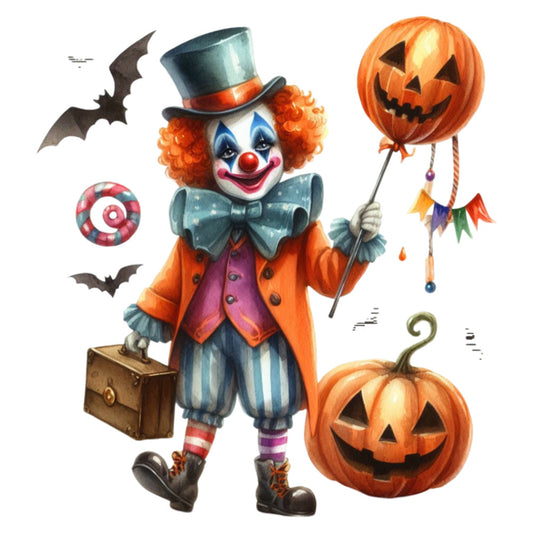 halloween, clown, pumpkin, jack-o-lantern, orange, purple, teal blue, red, striped, whimsical, vintage, festive, spooky, autumn, fall, bat, candy, top hat, suitcase, colorful, playful, retro, holiday, children's, costume, trick-or-treat, decorative, wall hanging, panel print