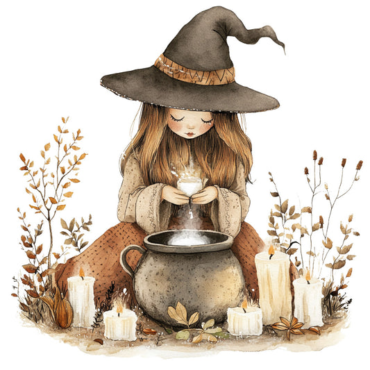 watercolor illustration, witch character, pointed hat, cauldron brewing, autumn colors, brown tones, beige shades, candles flickering, dried botanicals, magical scene, fabric panel, quilting cotton, whimsical art, halloween theme, potion making, cozy witch, earth tones, botanical elements, mystical mood, seasonal design