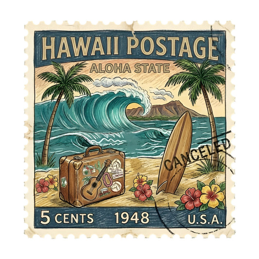 hawaii postage, vintage postage stamp, aloha state, tropical, beach scene, surfing, surfboard, palm trees, ocean waves, teal blue, cream, sandy beige, coral pink, yellow hibiscus, vintage travel, retro aesthetic, 1948, nostalgic, travel themed, postcard style, suitcase, guitar, hibiscus flowers, nautical, coastal, summer, whimsical, mid-century modern, adventure theme