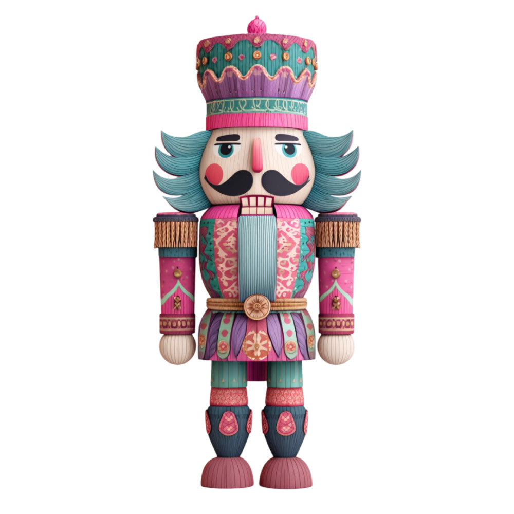 nutcracker, turquoise, magenta, coral pink, burgundy, forest green, whimsical, holiday, christmas, decorative, soldier, crown, striped, ornate, traditional, festive, vintage, toy soldier, ballet, nutcracker suite, dimensional, 3d effect, gold accents, textured, children's, novelty, character, december, winter, seasonal
