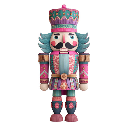 nutcracker, turquoise, magenta, coral pink, burgundy, forest green, whimsical, holiday, christmas, decorative, soldier, crown, striped, ornate, traditional, festive, vintage, toy soldier, ballet, nutcracker suite, dimensional, 3d effect, gold accents, textured, children's, novelty, character, december, winter, seasonal