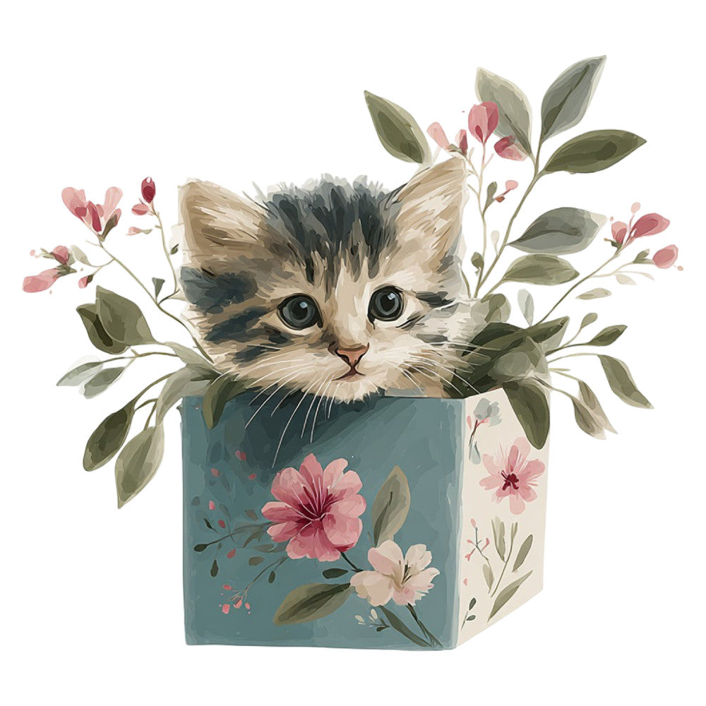 cat, kitten, floral, pink flowers, green leaves, botanical, animals, nature, whimsical, cute, dusty rose, sage green, teal blue, cream, soft colors, spring, garden, decorative panel, wall art, baby quilt, children's fabric, illustrated, painterly, delicate florals, leafy branches, playful, charming, vintage inspired, nursery