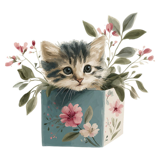 cat, kitten, floral, pink flowers, green leaves, botanical, animals, nature, whimsical, cute, dusty rose, sage green, teal blue, cream, soft colors, spring, garden, decorative panel, wall art, baby quilt, children's fabric, illustrated, painterly, delicate florals, leafy branches, playful, charming, vintage inspired, nursery
