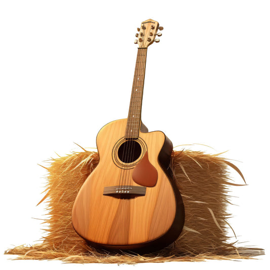 acoustic guitar, music, musician, instrument, brown, tan, golden yellow, natural wood, straw, hay, rustic, country, folk music, western, Americana, vintage, bohemian, music lover, concert, performance, musical notes, entertainment, acoustic, wooden texture, earth tones, farmhouse style, cottage core, handcrafted, traditional, artistic