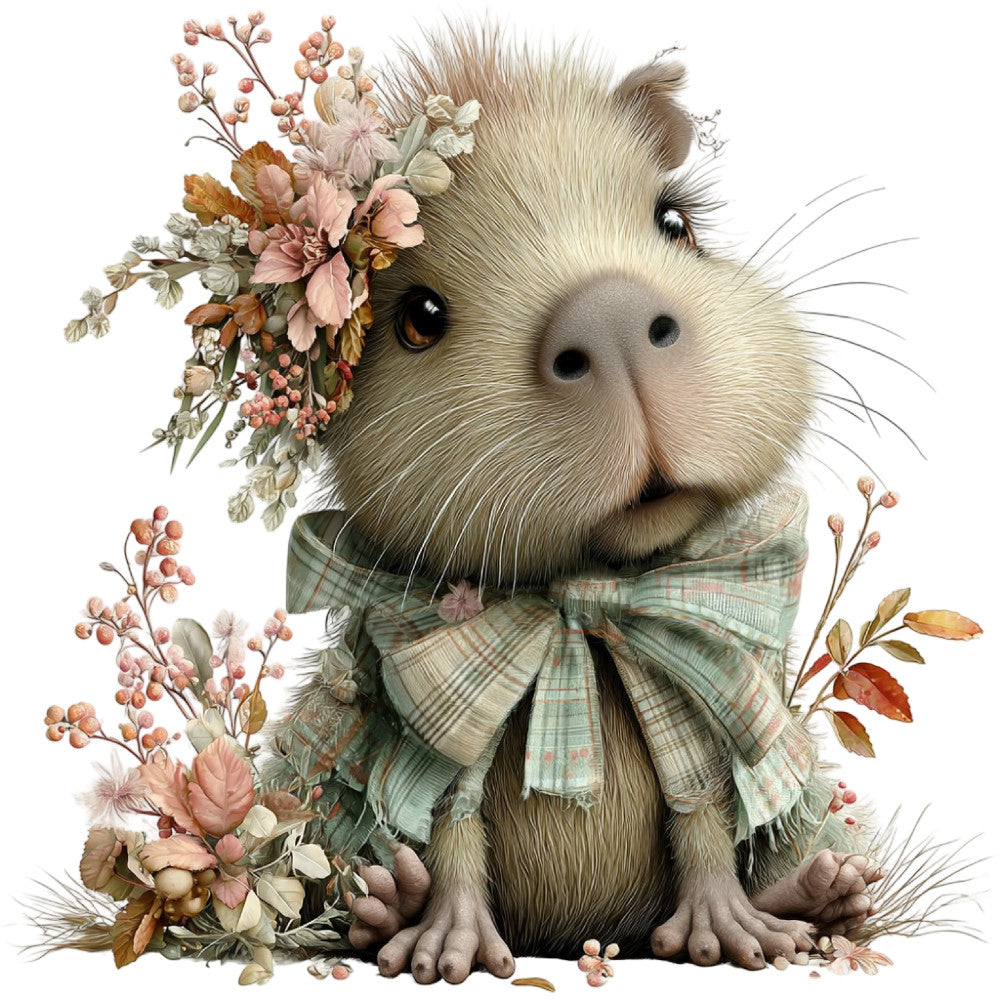guinea pig, cute animals, woodland creatures, rodent, floral, flowers, roses, botanical, nature, spring, summer, pastel, cream, ivory, dusty rose, blush pink, sage green, mint green, coral, warm neutrals, whimsical, vintage, storybook, children's, baby, sweet, gentle, plaid bow, charming, illustrated