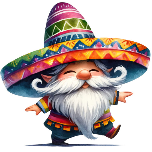 mexican gnome, sombrero, colorful stripes, rainbow patterns, white beard, mustache, festive clothing, vibrant colors, orange, purple, green, blue, yellow, pink, geometric designs, whimsical character, fabric panel, quilting cotton, cheerful gnome, decorative motifs