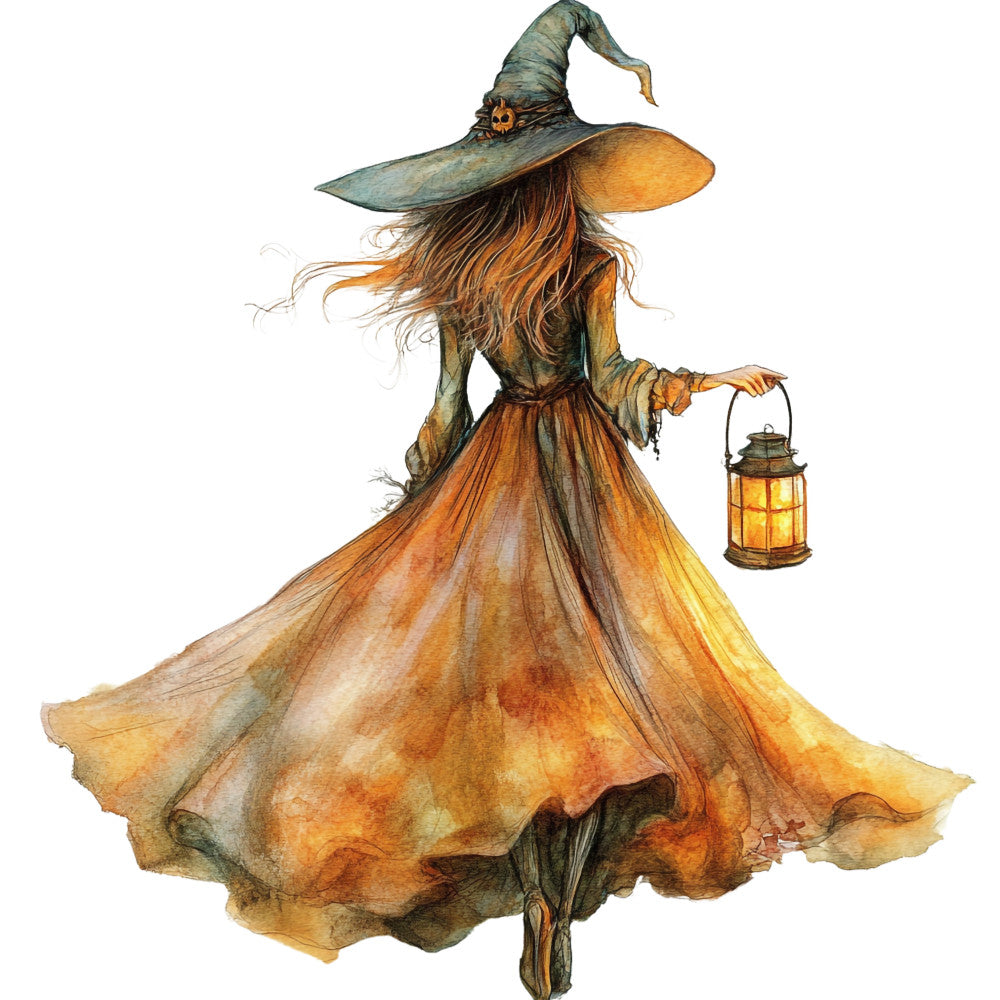 watercolor, witch, halloween, orange, amber, green, teal, brown, flowing dress, pointed hat, lantern, long hair, magical, autumn colors, fabric panel, quilting cotton, spooky, mystical, fantasy character, seasonal design, witch silhouette