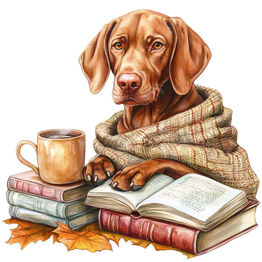 brown dog, chocolate brown, cream, tan, beige, rust, autumn leaves, cozy, reading, books, literary, intellectual, vintage, rustic, farmhouse, animal portrait, dog lover, blanket, scarf, fall, autumn, warm tones, plaid blanket, coffee mug, scholarly, whimsical, country style, traditional, comfort