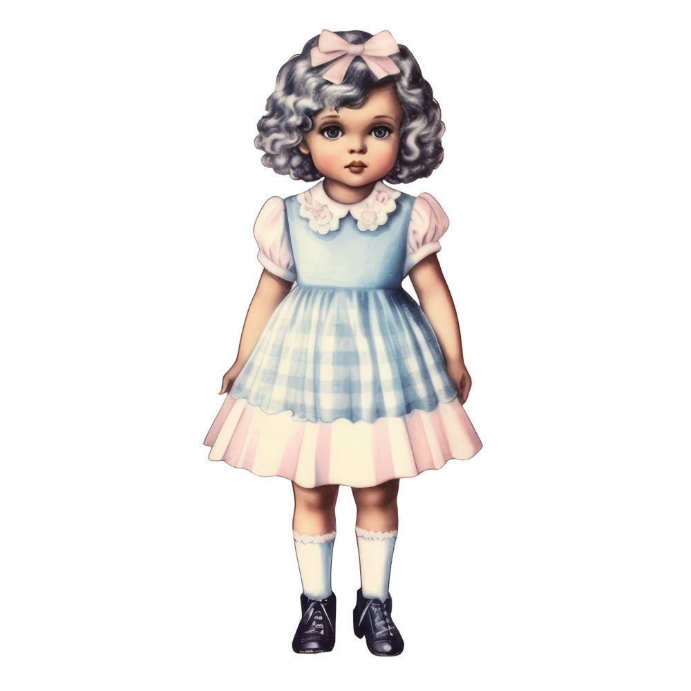 vintage doll, retro girl, nostalgic children, blue gingham, pale pink, soft pastels, puff sleeves, peter pan collar, classic dress, traditional style, whimsical, storybook illustration, doll dress, children's theme, girl portrait, 1940s style, 1950s aesthetic, curled hair, hair bow, white socks, mary jane shoes, sweet, charming, innocent, timeless, nursery décor, baby quilt, wall hanging, decorative panel