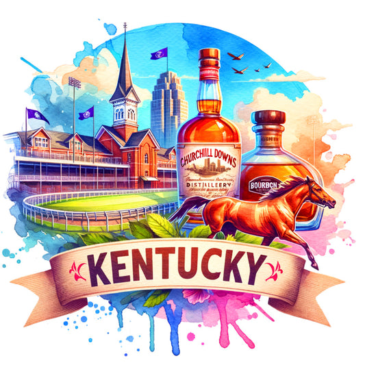 US States Retro Travel Fabric Panel 3 featuring Kentucky with Churchill Downs, bourbon bottles, horse, and landmarks in vibrant colors.