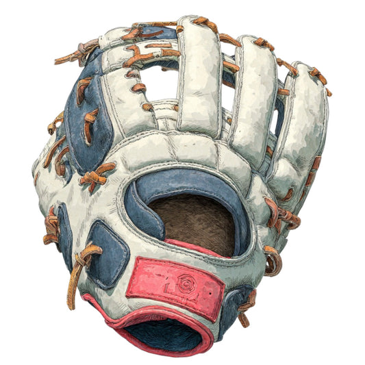 baseball glove, sports, cream, ivory, navy blue, tan brown, coral pink, red, leather, stitching, athletic, americana, vintage sports, boys, masculine, sports themed, baseball equipment, casual, playful, summer, sporty, baseball fan, youth, children, school spirit, team colors, illustrated, detailed, realistic, hand-stitched effect