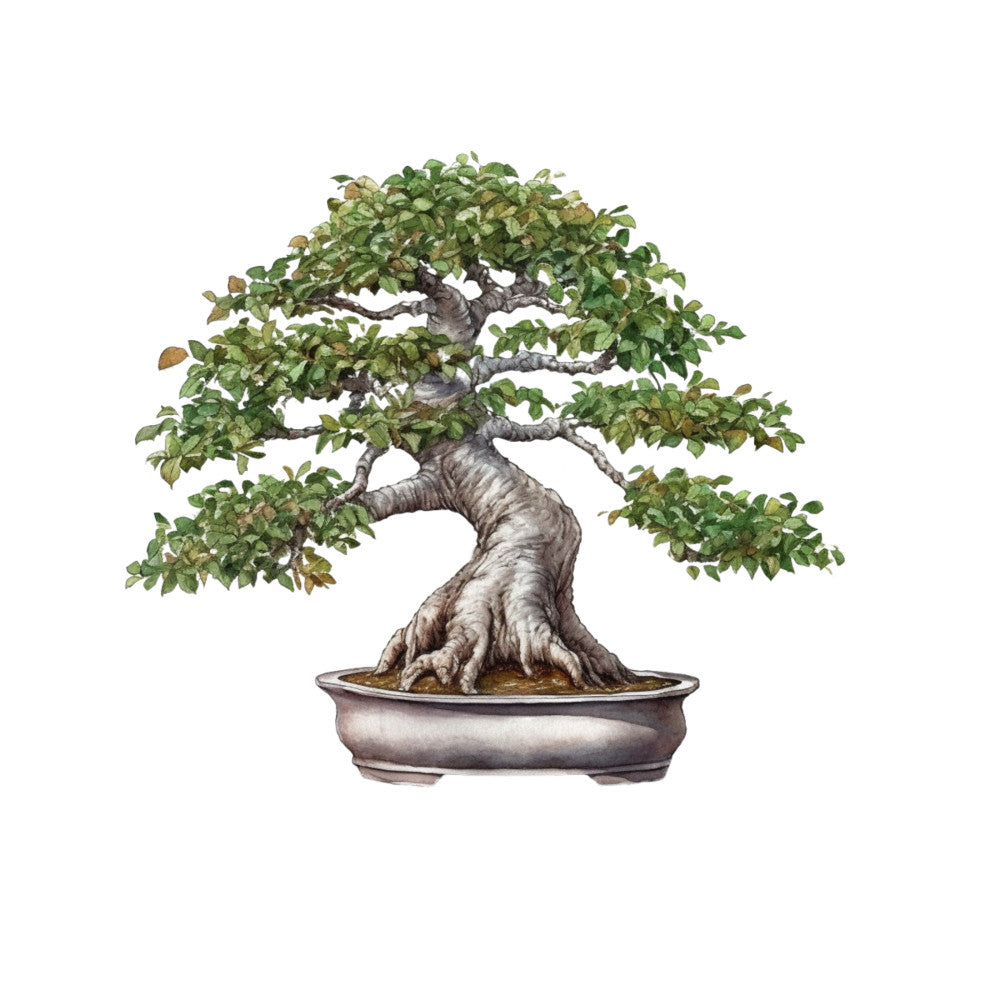 bonsai tree, fabric panel, green foliage, brown trunk, gray pot, botanical design, nature motif, miniature tree, twisted branches, small leaves, earthy tones, zen garden, japanese style, serene mood, quilting cotton, craft fabric, organic shapes, natural colors, peaceful imagery, gardening theme