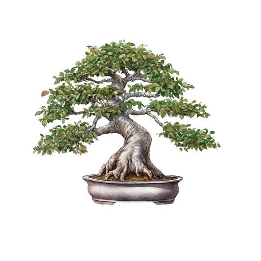 bonsai tree, fabric panel, green foliage, brown trunk, gray pot, botanical design, nature motif, miniature tree, twisted branches, small leaves, earthy tones, zen garden, japanese style, serene mood, quilting cotton, craft fabric, organic shapes, natural colors, peaceful imagery, gardening theme