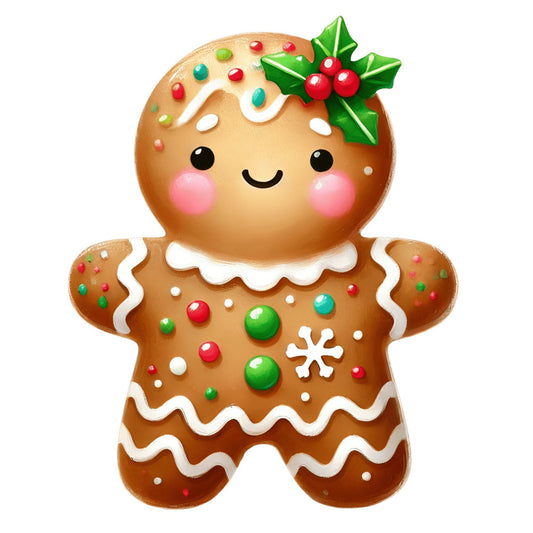 gingerbread man, christmas, holiday, festive, whimsical, cute, adorable, kawaii, red, green, white, cream, tan, brown, candy decorations, holly, berries, icing details, jolly, cheerful, smiling face, rosy cheeks, winter, seasonal, children, kids, playful, decorative, traditional, sweet treats