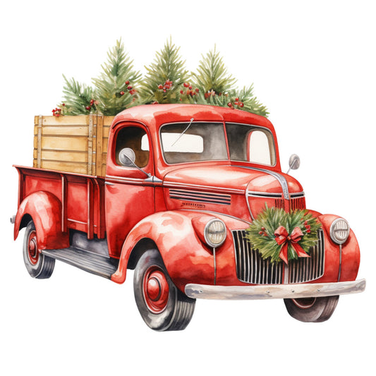 vintage truck, red pickup, christmas trees, evergreen branches, holly berries, winter wreath, fabric panel, quilting cotton, watercolor style, holiday theme, festive design, wooden crate, pine needles, seasonal motif, automotive illustration, country style, winter decoration, christmas fabric, nostalgic artwork