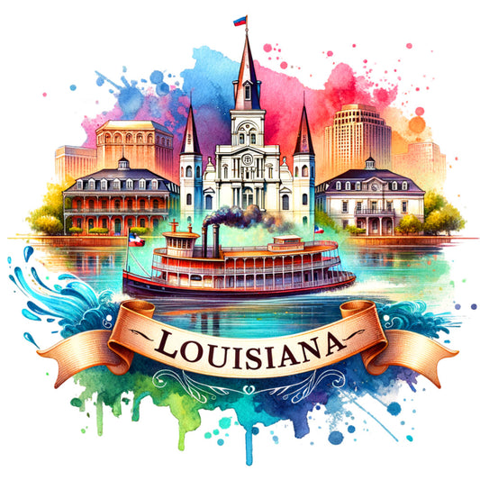 US States Retro Travel Fabric Panel 50 featuring a colorful Louisiana watercolor cityscape with steamboat and historic buildings.