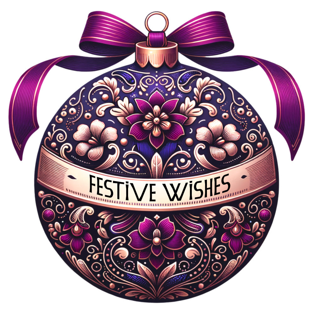 christmas ornament, purple, magenta, rose gold, copper, decorative bow, floral patterns, intricate designs, swirls, paisley motifs, festive wishes, holiday themed, fabric panel, ornate details, metallic accents, seasonal decoration, baroque style, elegant florals, christmas bauble, ribbon bow