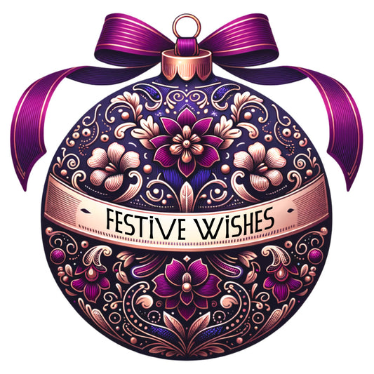 christmas ornament, purple, magenta, rose gold, copper, decorative bow, floral patterns, intricate designs, swirls, paisley motifs, festive wishes, holiday themed, fabric panel, ornate details, metallic accents, seasonal decoration, baroque style, elegant florals, christmas bauble, ribbon bow