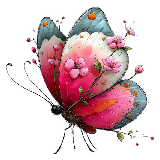 butterfly, pink, magenta, hot pink, coral, orange, cream, ivory, gray blue, teal, floral, nature, whimsical, elegant, spring, summer, butterfly wings, flowers, blossoms, cherry blossoms, delicate, artistic, illustration, botanical, romantic, garden, fantasy, colorful, gradient, ombre