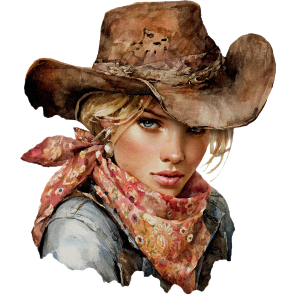 cowboy, western, vintage portrait, young girl, blue eyes, blonde hair, rustic, boho, brown hat, red bandana, paisley, floral print, rust red, tan brown, cream, dusty blue, folk art, americana, country style, retro illustration, wild west, frontier, narrative print, character panel, whimsical, nostalgic, decorative arts, wall hanging, art quilt