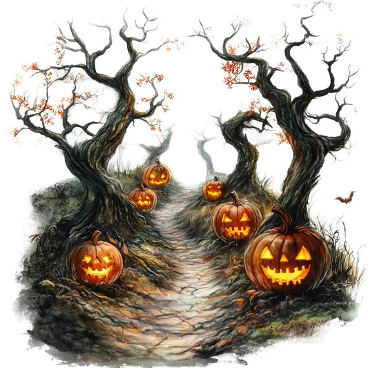 halloween, fall, autumn, pumpkins, jack-o-lantern, spooky, haunted, trees, twisted trees, gnarled branches, orange, black, gray, bronze, golden yellow, creepy, gothic, scary, eerie, dark, moody, rustic, whimsical, nature, forest, pathway, bats, seasonal, october, horror