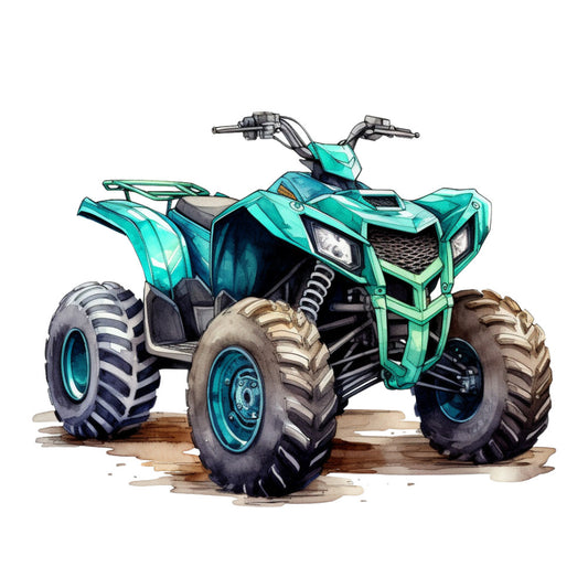 turquoise, teal, green, brown, black, atv, four wheeler, quad bike, watercolor style, rugged tires, outdoor adventure, off-road vehicle, masculine theme, automotive, recreational vehicle, fabric panel, quilting cotton, motor sports, adventure theme, detailed illustration