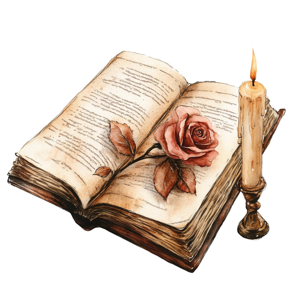 vintage, romantic, antique book, rose, dusty rose, cream, beige, tan, brown, sepia, literary, classic literature, nostalgic, retro, elegant, traditional, botanical, floral, candlelight, candle, book lover gift, reading room, library, steampunk, gothic, heritage, timeless, cottage core, old world charm