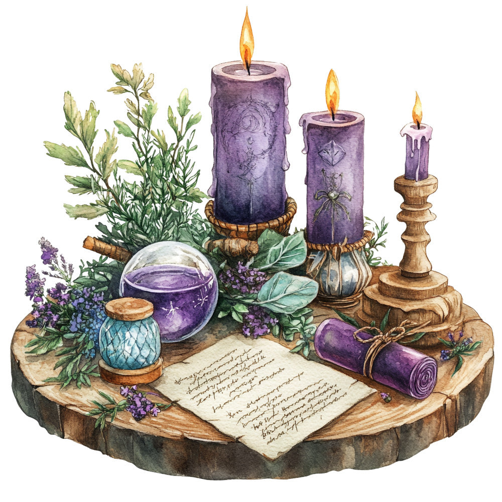 watercolor, witch aesthetic, purple candles, lavender flowers, spell book, potion bottles, crystal ball, wooden table, mystical scene, botanical elements, green herbs, candlesticks, fabric panel, quilting cotton, magical theme, witchcraft motif, amethyst purple, sage green, vintage scroll, occult imagery