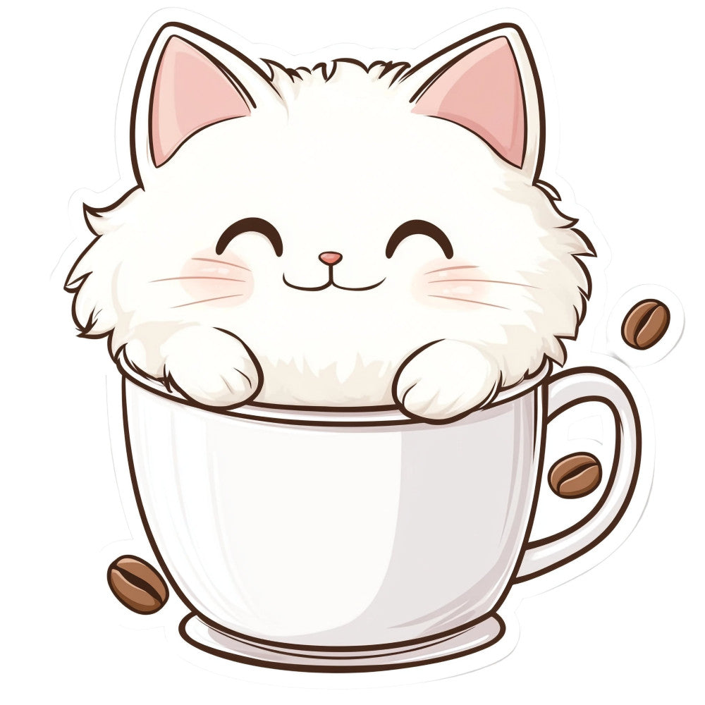 cute cat, white cat, coffee cup, coffee beans, cat face, happy cat, smiling cat, closed eyes, pink ears, fluffy cat, kawaii, whimsical, children's, playful, animal themed, pet lover, coffee lover, cream white, soft brown, pastel pink, cozy, modern, decorative panel, novelty print, character design, baby friendly, cheerful, fun print, illustration style
