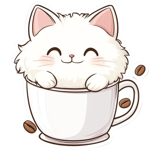 cute cat, white cat, coffee cup, coffee beans, cat face, happy cat, smiling cat, closed eyes, pink ears, fluffy cat, kawaii, whimsical, children's, playful, animal themed, pet lover, coffee lover, cream white, soft brown, pastel pink, cozy, modern, decorative panel, novelty print, character design, baby friendly, cheerful, fun print, illustration style