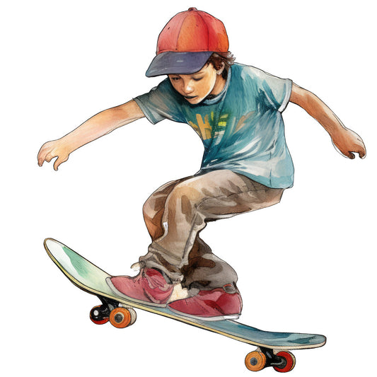 skateboarding, sports, boys, children, youth, teal blue, coral red, rust orange, burgundy, tan brown, cream, action sports, urban, casual, cool, streetwear, contemporary, dynamic, energetic, trick, skateboarder, movement, hobby, leisure, summer, modern youth, casual wear, graphic design, illustrated