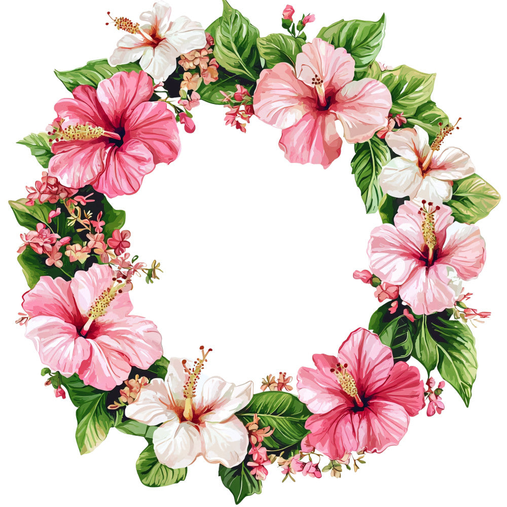 hibiscus flowers, tropical wreath, pink blossoms, white flowers, green leaves, coral pink, soft pink, floral arrangement, hawaiian flowers, tropical paradise, botanical design, circular wreath, fabric panel, quilting cotton, island theme, tropical decor, summer florals, exotic blooms, nature motif, vacation vibes
