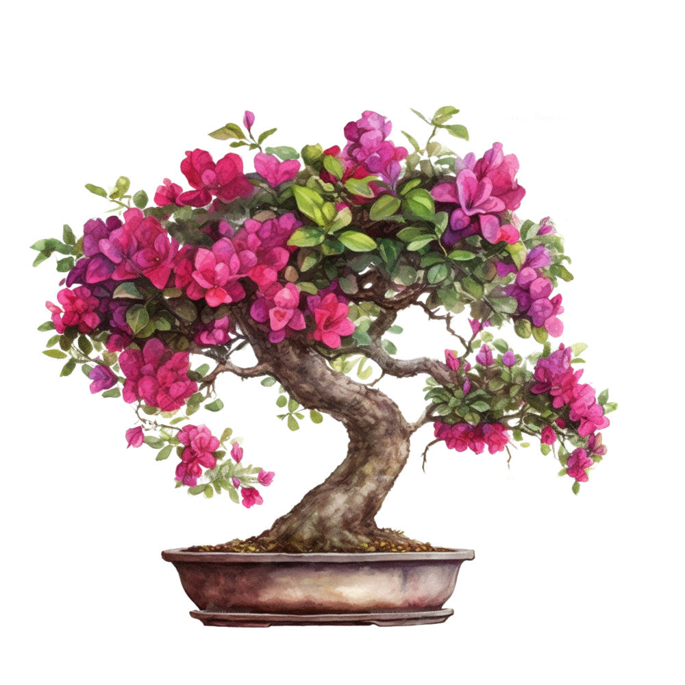 bonsai tree, pink flowers, magenta blooms, purple blossoms, green leaves, brown trunk, terracotta pot, fabric panel, watercolor style, botanical art, floral design, miniature tree, zen garden, japanese inspired, cotton fabric, quilting panel, nature motif, spring flowers, artistic illustration, decorative fabric