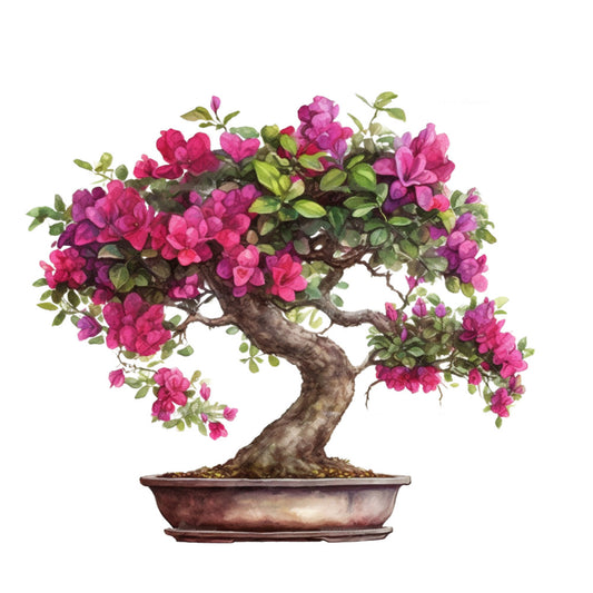 bonsai tree, pink flowers, magenta blooms, purple blossoms, green leaves, brown trunk, terracotta pot, fabric panel, watercolor style, botanical art, floral design, miniature tree, zen garden, japanese inspired, cotton fabric, quilting panel, nature motif, spring flowers, artistic illustration, decorative fabric