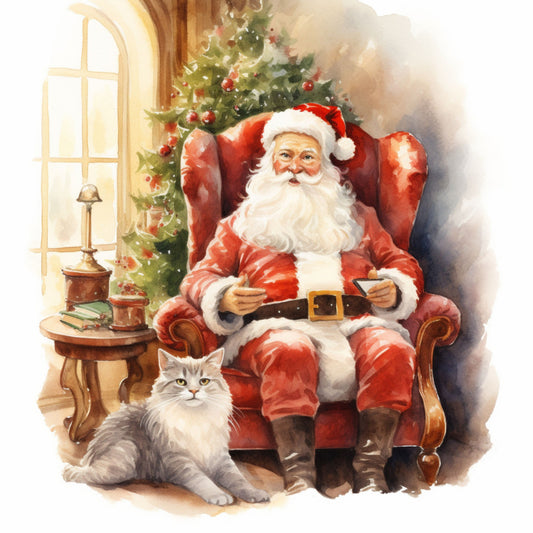 red, green, white, brown, santa claus, christmas tree, cat, armchair, watercolor style, cozy interior, fabric panel, quilting cotton, holiday themed, winter scene, fireplace setting, warm lighting, festive decorations, christmas ornaments, cottage atmosphere, seasonal fabric