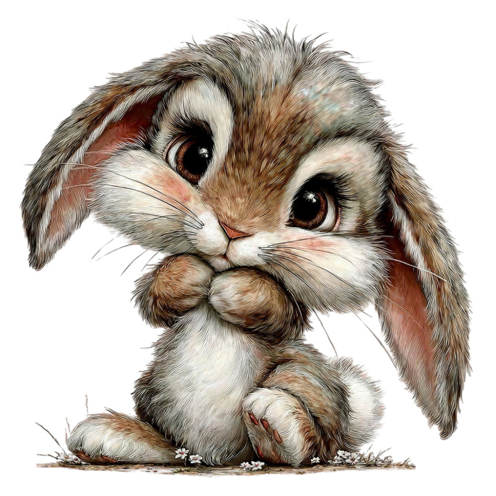 cute bunny, adorable rabbit, brown and white, cream colored, tan, beige, soft neutral tones, animal illustration, woodland creatures, whimsical style, children's design, baby nursery, playful expression, long ears, fluffy fur, realistic illustration, detailed artwork, sweet and innocent, character design, storybook style, decorative panel, kids fabric, nursery decor, easter themed, springtime, gentle woodland, soft colors, artistic illustration, charming animal portrait
