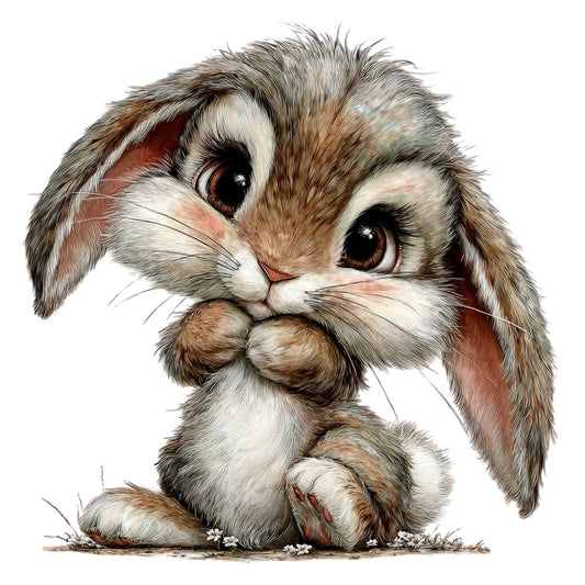 cute bunny, adorable rabbit, brown and white, cream colored, tan, beige, soft neutral tones, animal illustration, woodland creatures, whimsical style, children's design, baby nursery, playful expression, long ears, fluffy fur, realistic illustration, detailed artwork, sweet and innocent, character design, storybook style, decorative panel, kids fabric, nursery decor, easter themed, springtime, gentle woodland, soft colors, artistic illustration, charming animal portrait