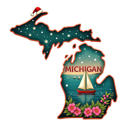 Christmas US States Fabric Panel 29 featuring Michigan map with festive hat, sailboat, and floral design on premium quilting cotton fabric.