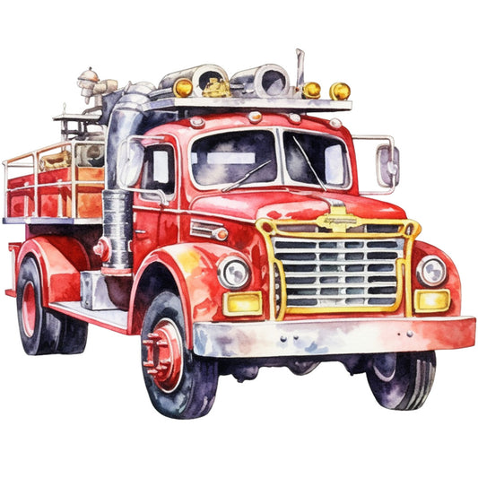 red fire truck, vintage truck, watercolor style, crimson red, golden yellow, chrome details, emergency vehicle, retro illustration, fabric panel, quilting cotton, transportation theme, firefighting equipment, ladder truck, nostalgic artwork, automotive design, bright colors, detailed rendering, masculine theme, truck enthusiast